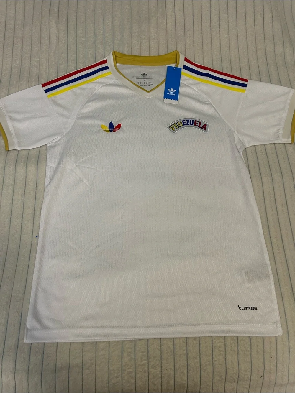 adidas White Venezuela Tee with Red, Blue & Yellow Stripes